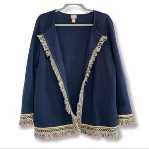 CHICO’S Coatigan Navy Blue Embroidered Fringe Trim Open Cardigan Size 12
